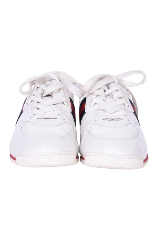Gucci White Microguccissima Leather Web Sneakers