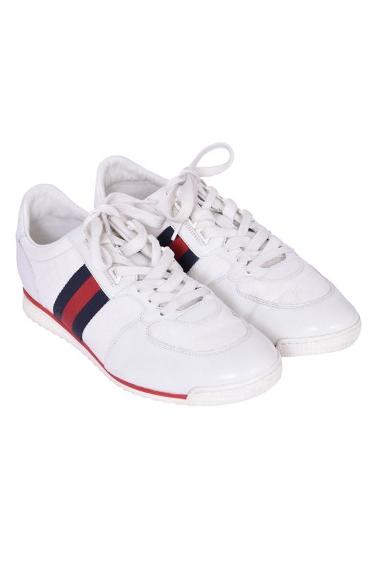 Gucci White Microguccissima Leather Web Sneakers