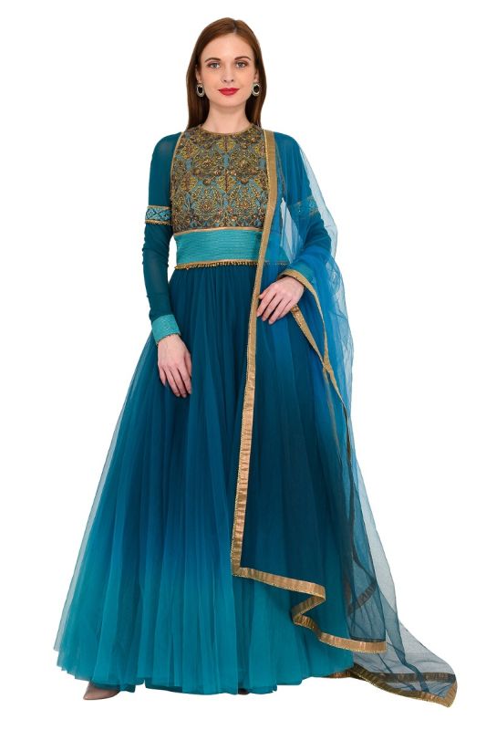J J VALAYA  EMBROIDERED TEAL GOWN
