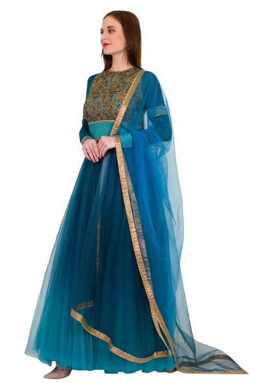 J J VALAYA  EMBROIDERED TEAL GOWN