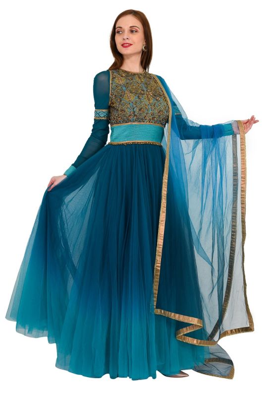 J J VALAYA  EMBROIDERED TEAL GOWN