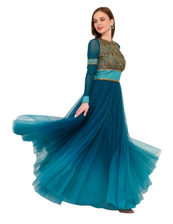 J J VALAYA  EMBROIDERED TEAL GOWN