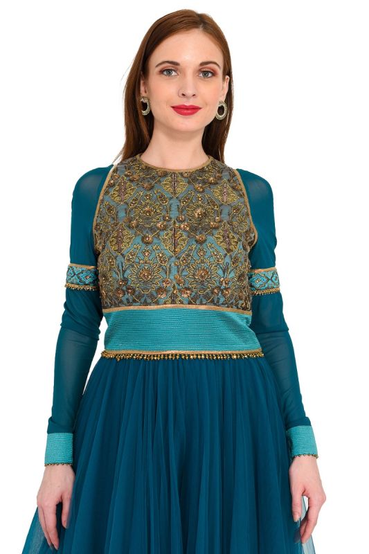 J J VALAYA  EMBROIDERED TEAL GOWN