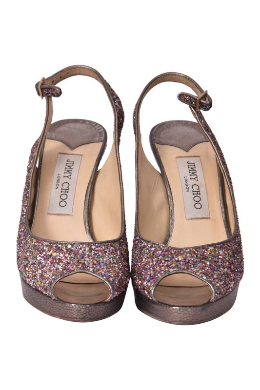 Jimmy Choo Multi Glitter Peep Toe Wedges