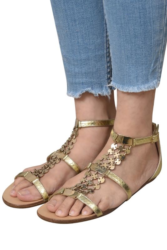 Jimmy Choo T-embellished Golden Gladiator Flats