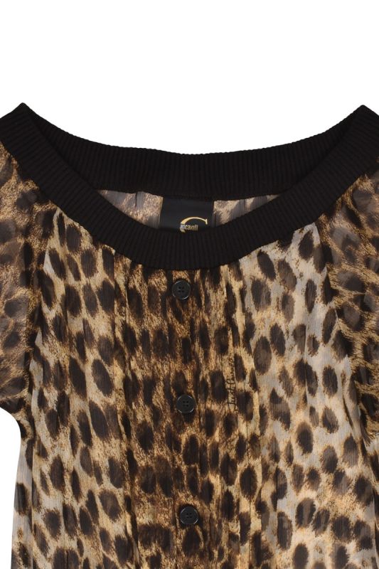 JUST CAVALLI LEOPARD PRINTED CHIFFON RIB TRIM TOP