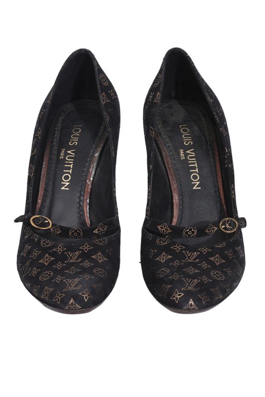 LOUIS VUITTON LV MONOGRAM LOGO SUEDE MARY JANE VINTAGE PUMPS