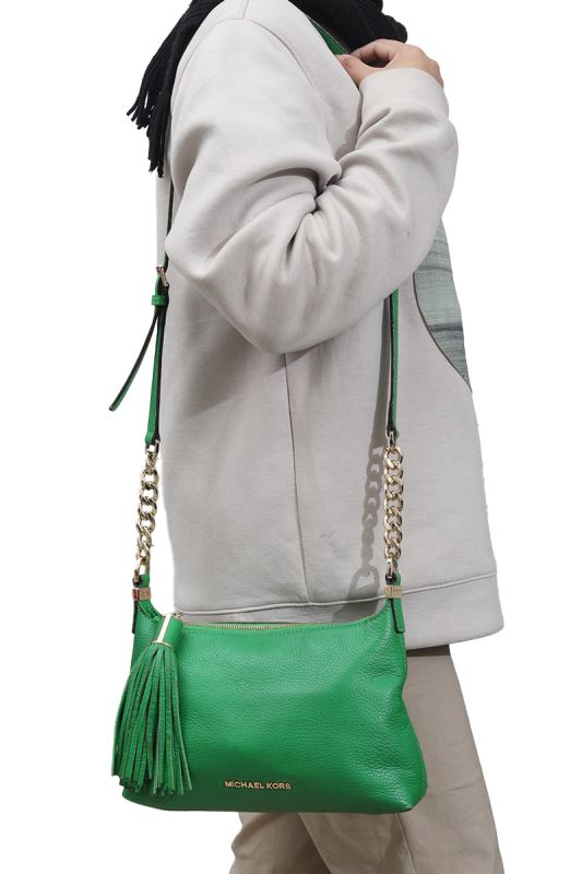 Michael Kors Green Leather Bedford Tassel Crossbody Bag