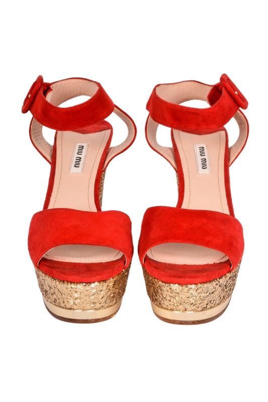 MIUMIU MIU MIU RED GLITTER SUEDE PEEPTOES