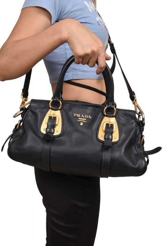 Prada Black Calfskin Convertible Buckle Handbag