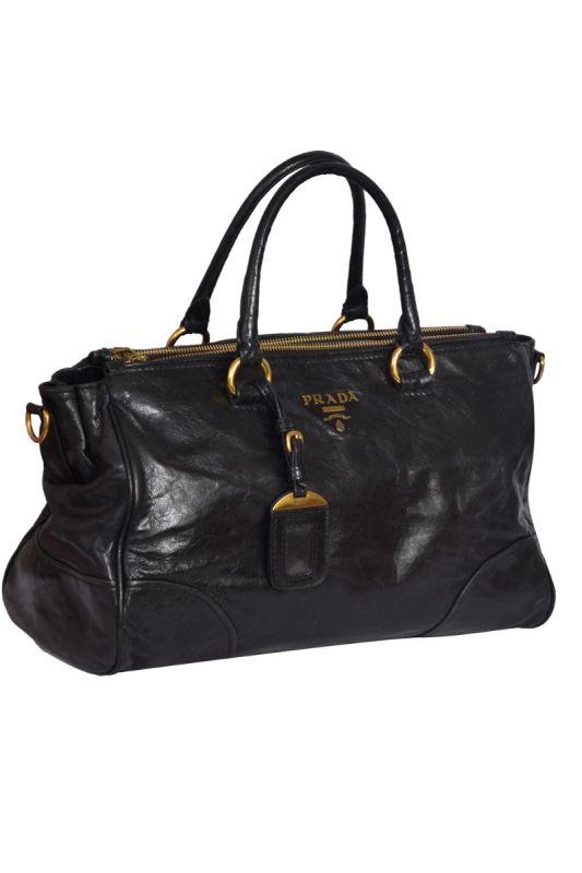 Prada Black Glazed Leather Top Handle Bag