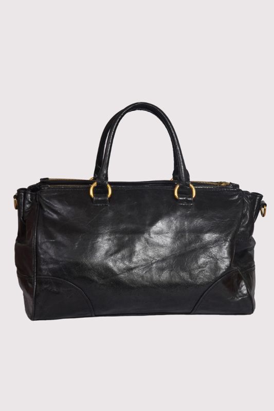 Prada Black Glazed Leather Top Handle Bag