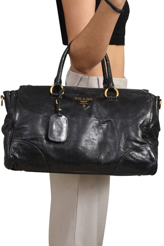 Prada Black Glazed Leather Top Handle Bag