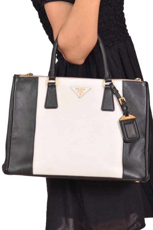 Prada Black/White Saffiano Lux Leather Gallleria Tote Bag