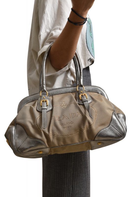 Prada Brown/Beige Canapa Logo Frame Handbag