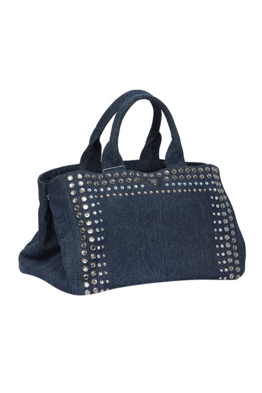Prada Denim Canapa Studded Handbag