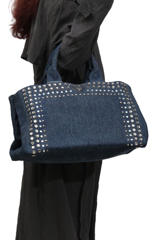 Prada Denim Canapa Studded Handbag