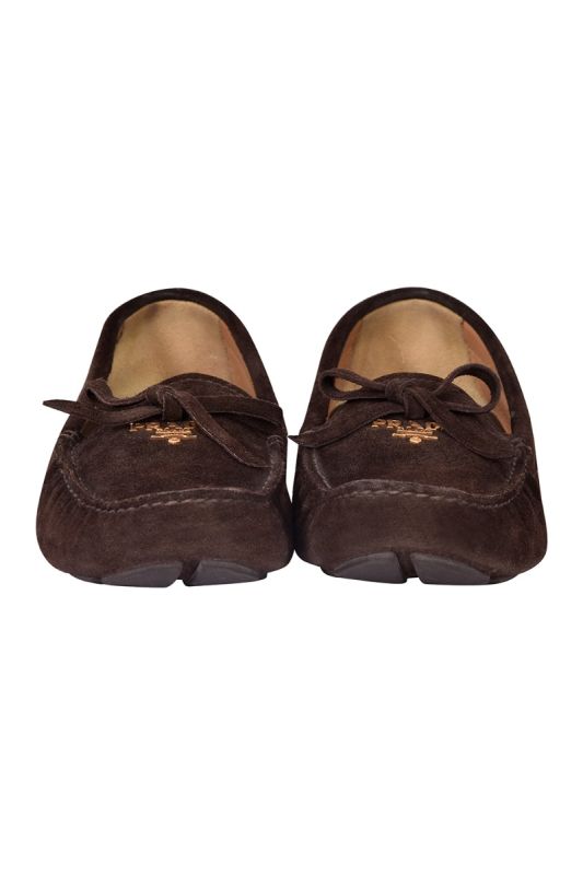 Prada Milano Gold Logo Brown Suede Loafers