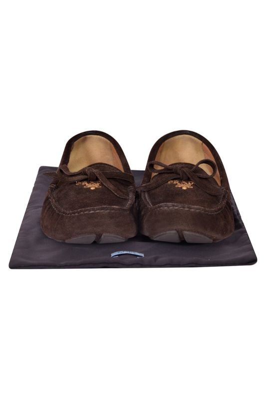 Prada Milano Gold Logo Brown Suede Loafers