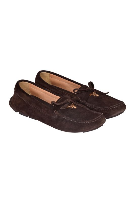 Prada Milano Gold Logo Brown Suede Loafers