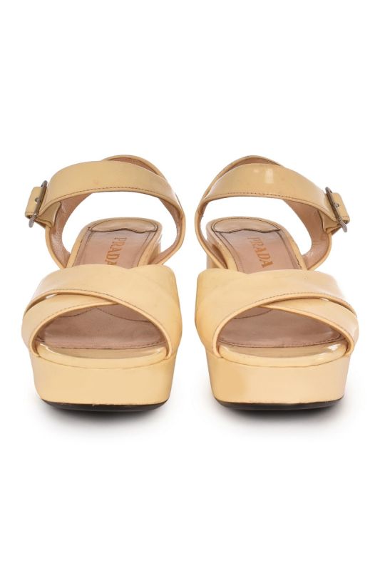 PRADA OFF- WHITE PLATFORM ANKLE WRAP SANDALS
