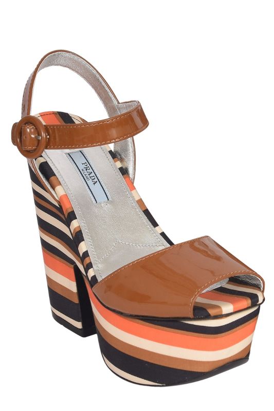 Prada Patent Striped Cognac Wedge Sandals