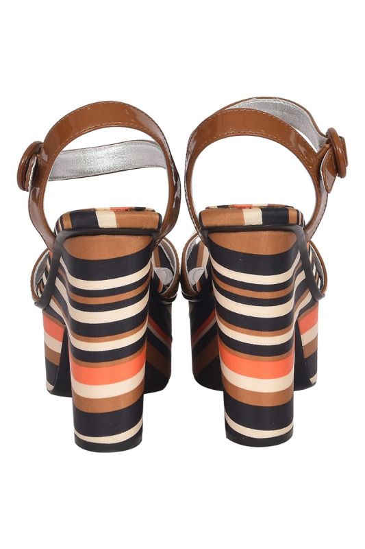 Prada Patent Striped Cognac Wedge Sandals