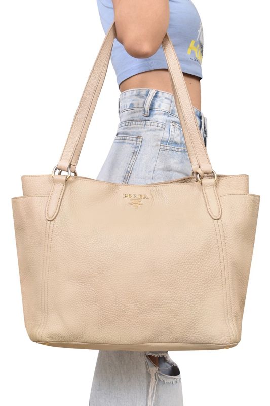 Prada Pebbled Leather Beige Tote Bag