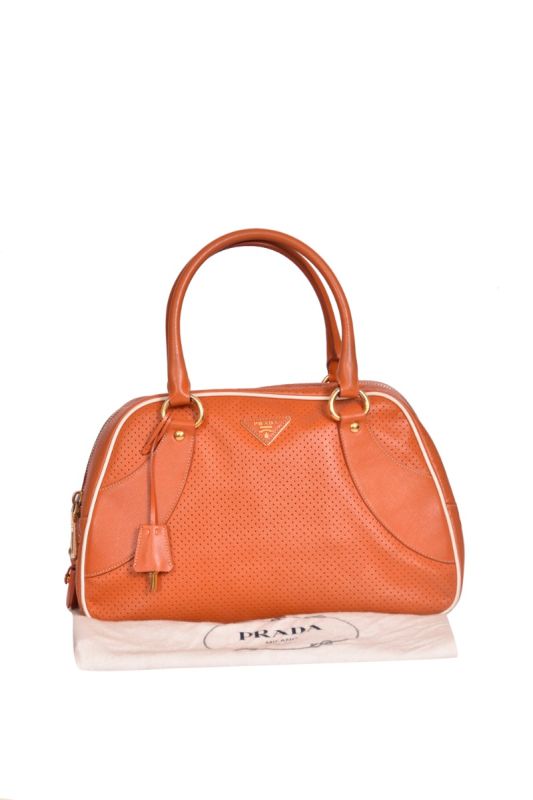 Prada Perforated Leather Orange Satchel Bag