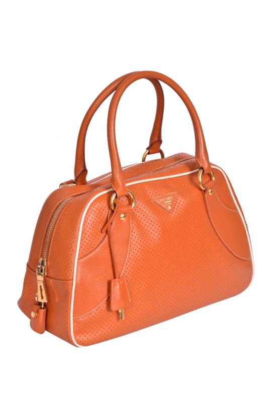 Prada Perforated Leather Orange Satchel Bag