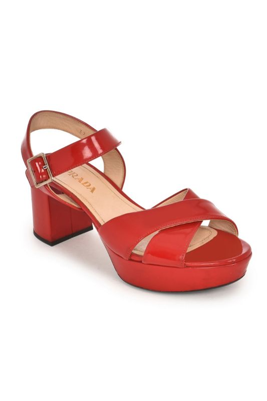 PRADA RED PLATFORM ANKLE WRAP SANDALS