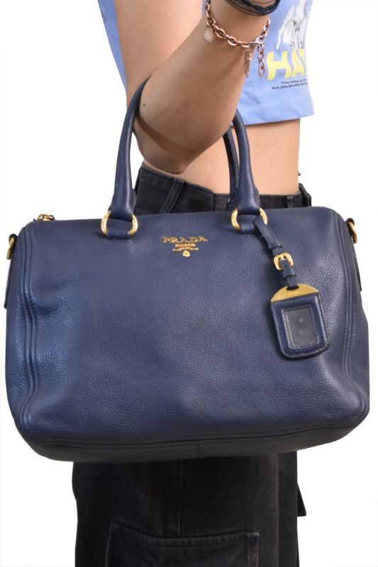 Prada Women’s Vitello Leather Cannella Blue Phenix Handbag