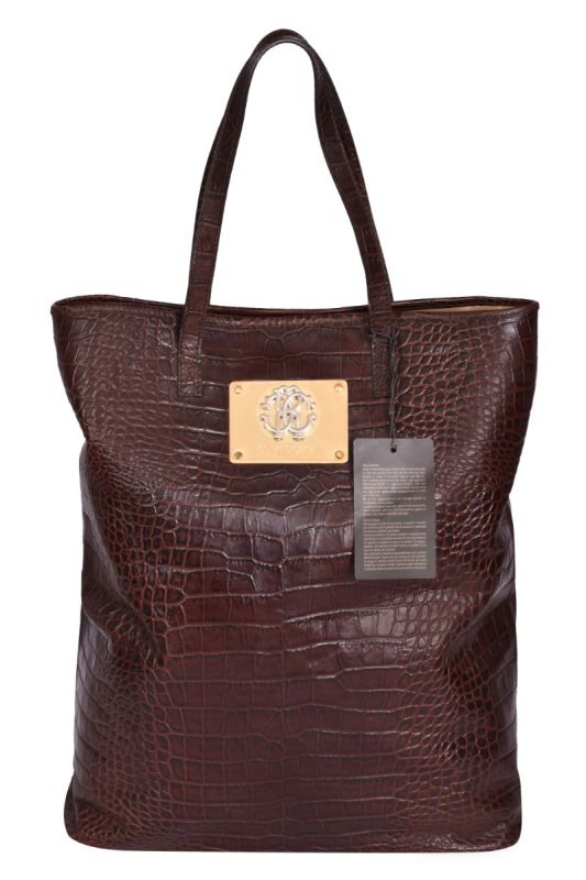 Roberto Cavalli Brown Python Embossed Leather Tote Bag