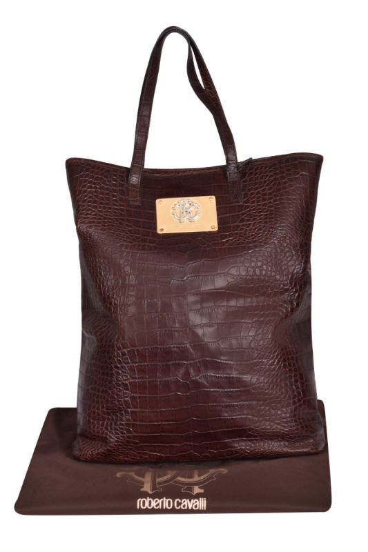 Roberto Cavalli Brown Python Embossed Leather Tote Bag
