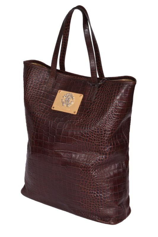 Roberto Cavalli Brown Python Embossed Leather Tote Bag