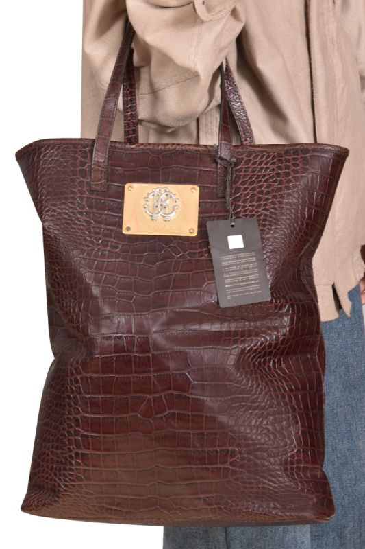 Roberto Cavalli Brown Python Embossed Leather Tote Bag