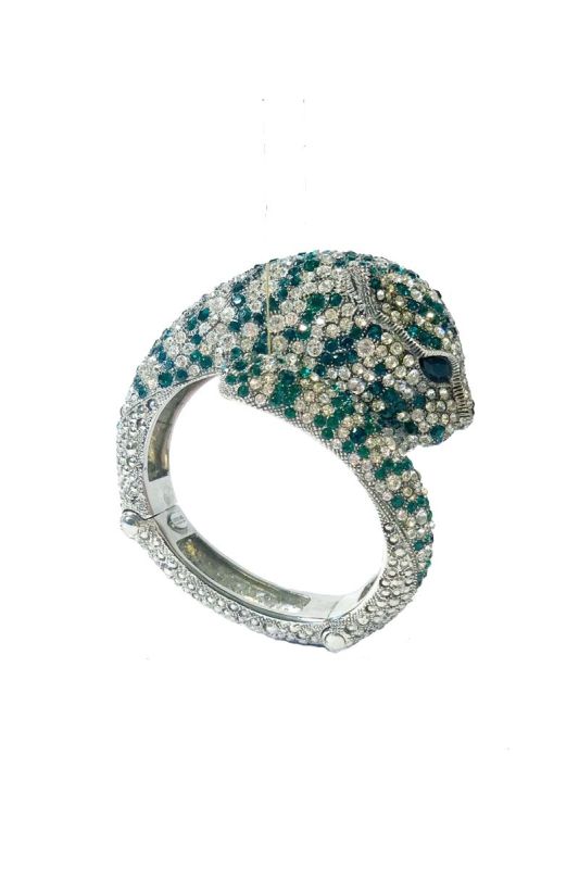 ROBERTO CAVALLI JEWELLED PANTHER CUFF IN EMERALD GREEN