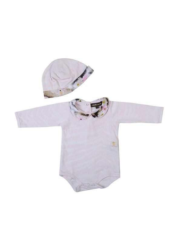 ROBERTO CAVALLI KIDS BABY PINK LEOPARD PRINT ONESIE WITH CAP