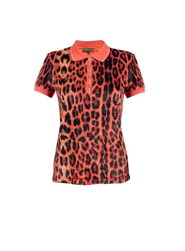 ROBERTO CAVALLI ORANGE LEOPARD PRINT VELOUR T SHIRT