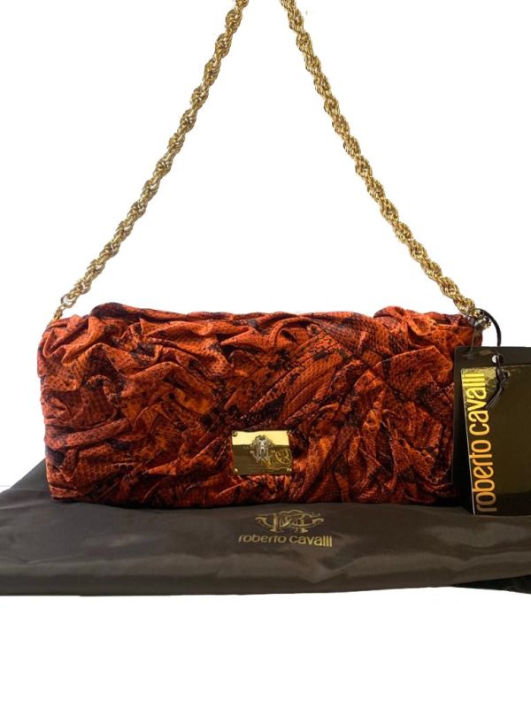 ROBERTO CAVALLI RED PRINTED SNAKE SATIN CHAIN CLUTCH