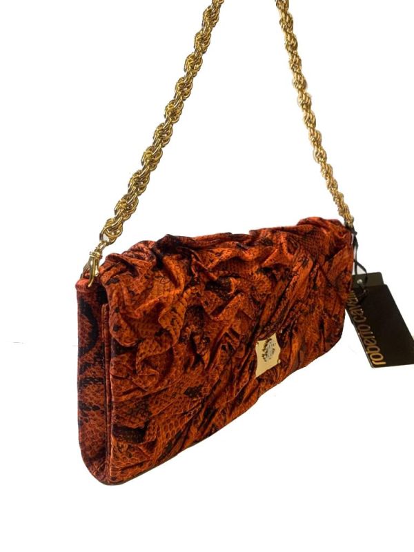 ROBERTO CAVALLI RED PRINTED SNAKE SATIN CHAIN CLUTCH