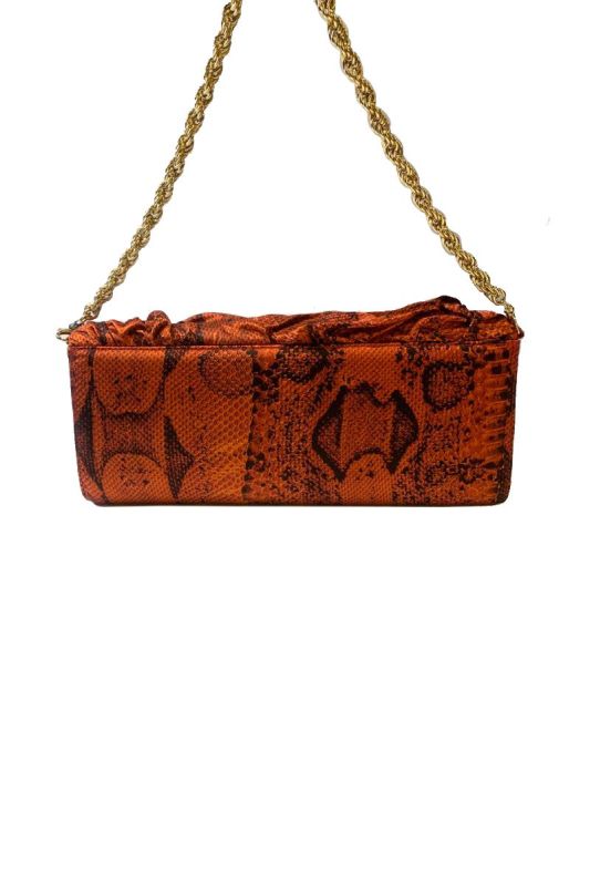 ROBERTO CAVALLI RED PRINTED SNAKE SATIN CHAIN CLUTCH