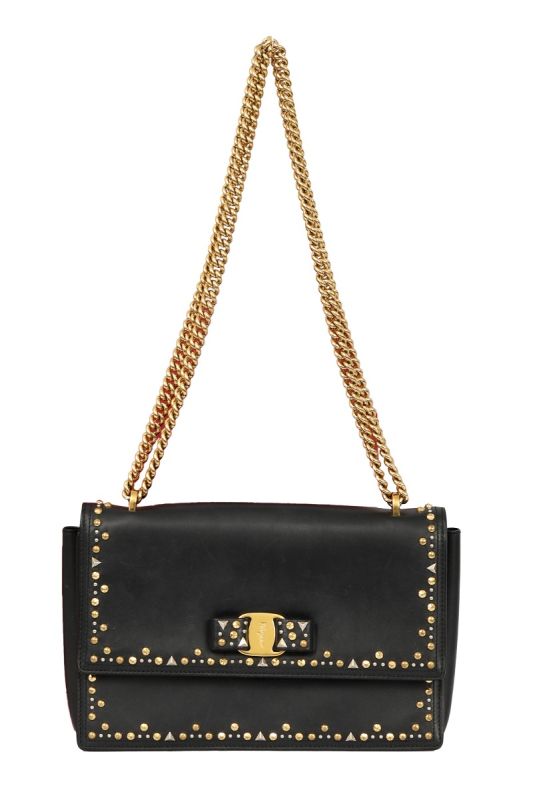 SALVATORE FERRAGAMO VARA RIBBON STUDDED CHAIN SHOULDER BAG 
