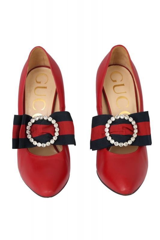 GUCCI SIZE- EU 37.5 GROSGRAIN WEB CRYSTAL BOW SYLVIE PUMPS