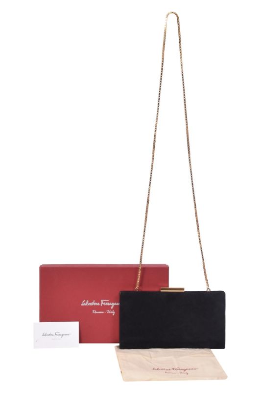 Salvatore Ferragamo Black Gold Frame Chain Clutch