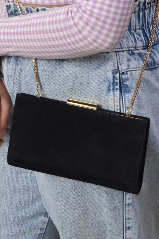 Salvatore Ferragamo Black Gold Frame Chain Clutch