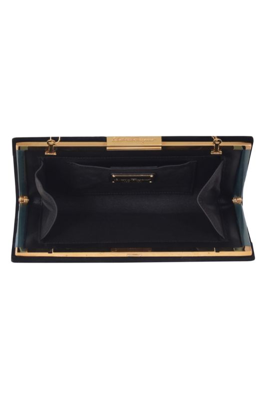 Salvatore Ferragamo Black Gold Frame Chain Clutch
