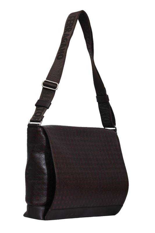 SALVATORE FERRAGAMO BROWN LEATHER GANCINI MESSENGER BAG