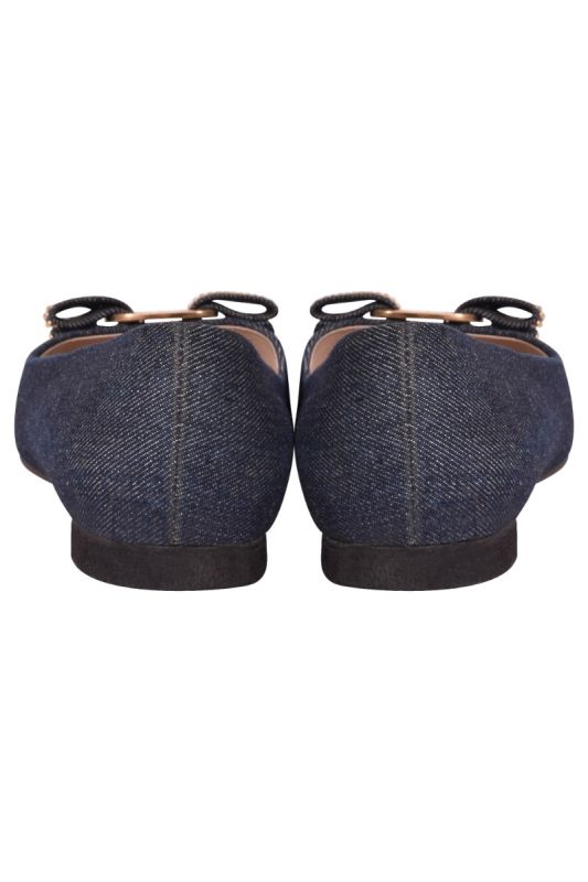 Salvatore Ferragamo Denim Fabric Studded Vara Bow Ballerinas
