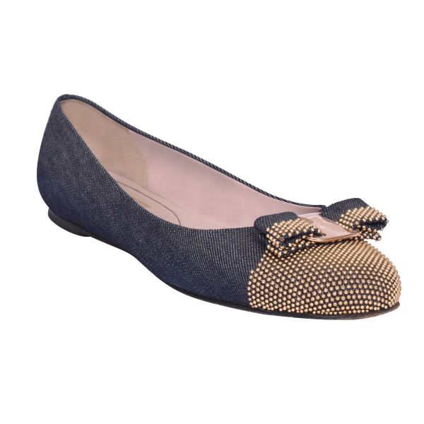 SALVATORE FERRAGAMO DENIM FABRIC STUDDED VARA BOW CAP TOE BALLERINAS